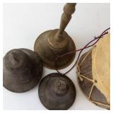 Vintage Hand Drums with Brass Bells - 2 Drums & Bells Set