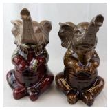 Ceramic Elephant Figurines Pair - Glazed Brown & Red, Raised Trunks