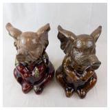 Ceramic Elephant Figurines Pair - Glazed Brown & Red, Raised Trunks