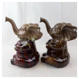 Ceramic Elephant Figurines Pair - Glazed Brown & Red, Raised Trunks