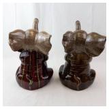 Ceramic Elephant Figurines Pair - Glazed Brown & Red, Raised Trunks