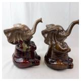 Ceramic Elephant Figurines Pair - Glazed Brown & Red, Raised Trunks