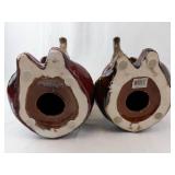 Ceramic Elephant Figurines Pair - Glazed Brown & Red, Raised Trunks