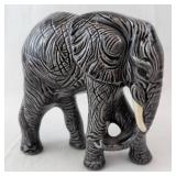 Ceramic Elephant Figurine - Textured Carved Pattern, Dark Gray with Ivory Tusks