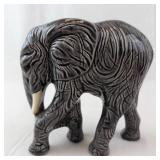 Ceramic Elephant Figurine - Textured Carved Pattern, Dark Gray with Ivory Tusks