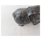 Ceramic Elephant Figurine - Textured Carved Pattern, Dark Gray with Ivory Tusks