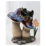 Frog on Mushroom Ceramic Figurine with Flowers