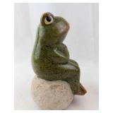 Praying Green Ceramic Frog Figurine - Rock Base