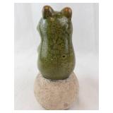 Praying Green Ceramic Frog Figurine - Rock Base