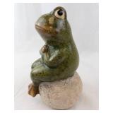 Praying Green Ceramic Frog Figurine - Rock Base