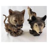 Cougar with Cub & Wolf Head Figurines on Rock Bases