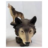 Cougar with Cub & Wolf Head Figurines on Rock Bases