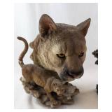 Cougar with Cub & Wolf Head Figurines on Rock Bases