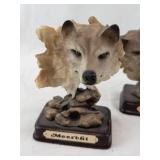 Meerkhi Wolf Head Figurines - Pair on Rock Pedestals, Wood Base