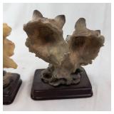 Meerkhi Wolf Head Figurines - Pair on Rock Pedestals, Wood Base