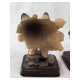 Meerkhi Wolf Head Figurines - Pair on Rock Pedestals, Wood Base