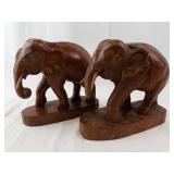 Pair of Hand-Carved Wooden Elephant Figurines on Oval Bases - Dark Brown Finish