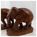 Pair of Hand-Carved Wooden Elephant Figurines on Oval Bases - Dark Brown Finish
