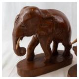Pair of Hand-Carved Wooden Elephant Figurines on Oval Bases - Dark Brown Finish