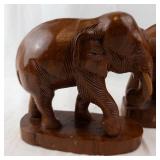 Pair of Hand-Carved Wooden Elephant Figurines on Oval Bases - Dark Brown Finish