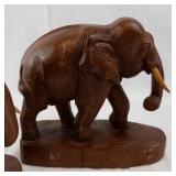 Pair of Hand-Carved Wooden Elephant Figurines on Oval Bases - Dark Brown Finish