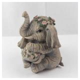 2 Elephant Family Figurine - Floral Crowns, Basket of Fruit - Musical Sculptures