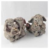 2 Elephant Family Figurine - Floral Crowns, Basket of Fruit - Musical Sculptures