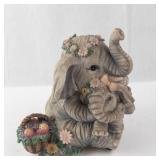 2 Elephant Family Figurine - Floral Crowns, Basket of Fruit - Musical Sculptures