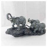 Two Elephant Figurines on Rock Base - Gray Resin Statue