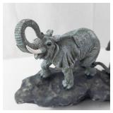 Two Elephant Figurines on Rock Base - Gray Resin Statue