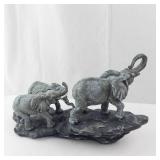 Two Elephant Figurines on Rock Base - Gray Resin Statue