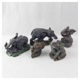 Elephant Figurine Set - 6 Resin Wildlife Statues on Rock Base