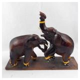 Hand-Carved Wooden Elephant Sculpture - Group of Elephants on Base