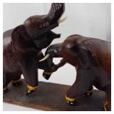 Hand-Carved Wooden Elephant Sculpture - Group of Elephants on Base