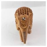 Hand-Carved Wooden Elephant Figurine with Openwork Back & White Inlays