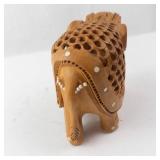 Hand-Carved Wooden Elephant Figurine with Openwork Back & White Inlays