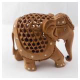 Hand-Carved Wooden Elephant Figurine with Openwork Back & White Inlays