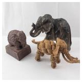 Elephant Figurines Trio - Stone Elephant Sculpture, Carved Wood Elephant, Rope Elephant
