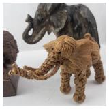 Elephant Figurines Trio - Stone Elephant Sculpture, Carved Wood Elephant, Rope Elephant