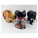Elephant Figurines (Lot of 4) - Hand-Painted Wood Elephant, Two Glossy Black Elephants, Gray Pair