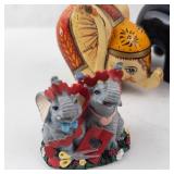 Elephant Figurines (Lot of 4) - Hand-Painted Wood Elephant, Two Glossy Black Elephants, Gray Pair