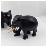 Elephant Figurines (Lot of 4) - Hand-Painted Wood Elephant, Two Glossy Black Elephants, Gray Pair
