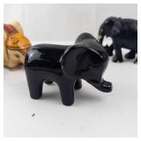 Elephant Figurines (Lot of 4) - Hand-Painted Wood Elephant, Two Glossy Black Elephants, Gray Pair