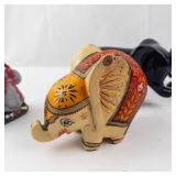 Elephant Figurines (Lot of 4) - Hand-Painted Wood Elephant, Two Glossy Black Elephants, Gray Pair