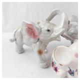 6-Piece Porcelain Elephant Figurine Set - Crackle Glaze & Floral Accents