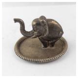Vintage Silver-Tone Elephant Figurine on Velvet Round Trinket Dish with Rope Edge
