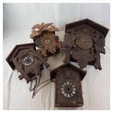 Set of 4 Vintage Carved Cuckoo Clocks with Birds & Maple Leaf Motifs. (Parts/Need Repairs)