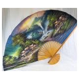 Hand-Painted Folding Fan - Bamboo Ribs, Scenic Village & Waterfall
