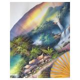 Hand-Painted Folding Fan - Bamboo Ribs, Scenic Village & Waterfall