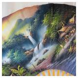 Hand-Painted Folding Fan - Bamboo Ribs, Scenic Village & Waterfall
